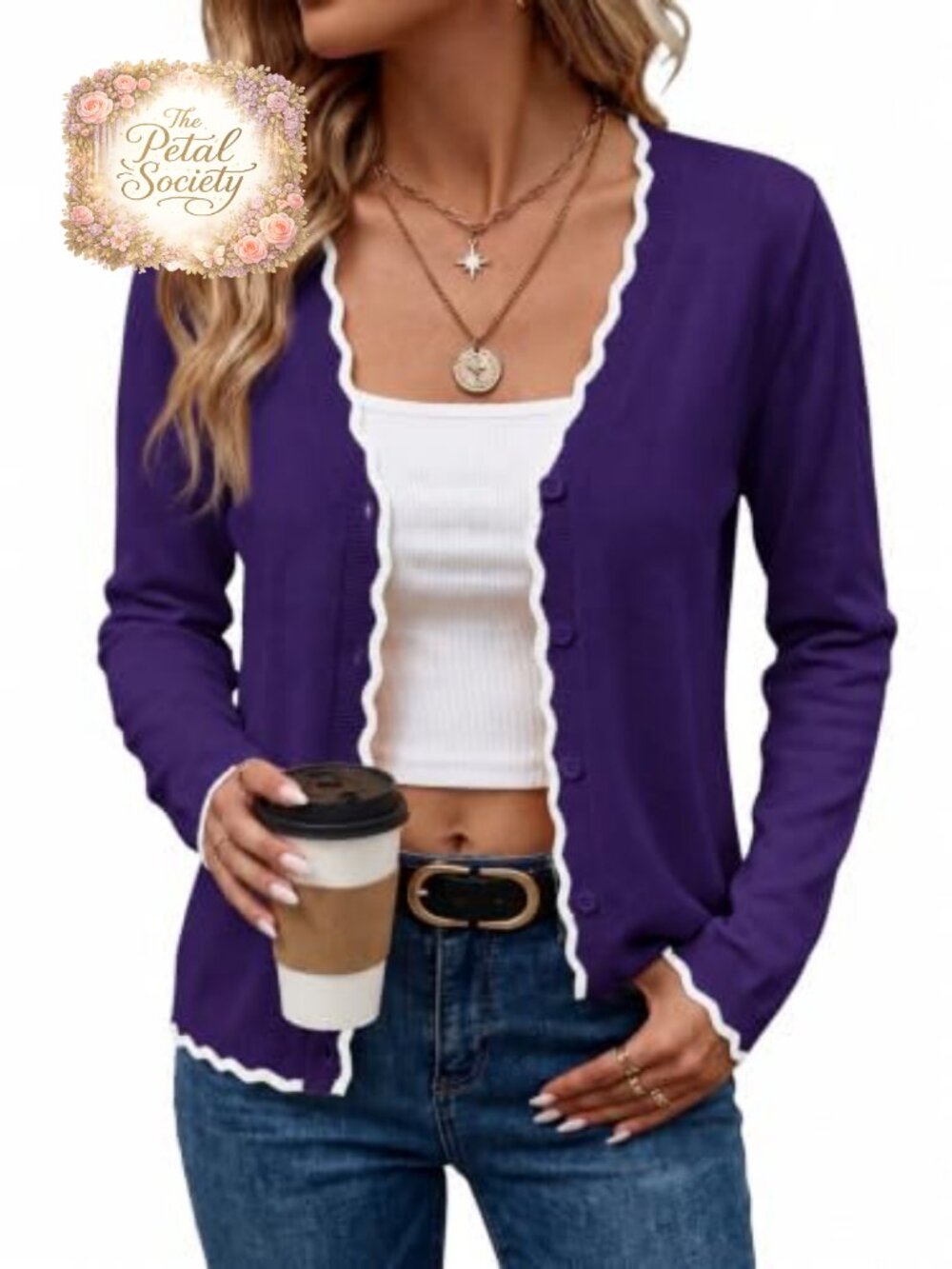 Womens Lightweight Knit Button Down Cardigan V Neck Scalloped Trim